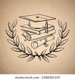 Graduation cap, books, and diploma in a laurel wreath on a vintage textured background.Academic achievement and education.University logo, certificates, educational materials,scholarly designs.Vector 