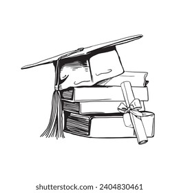 Graduation cap, books, diploma line art.