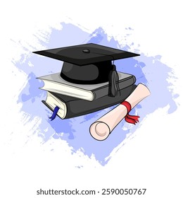 Graduation cap with books and diploma scroll vector illustration.University graduation celebration with diploma and cap symbolizing academic achievement and success hand drawn, watercolor background