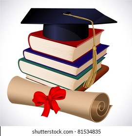 Graduation cap, books and diploma. Vector.