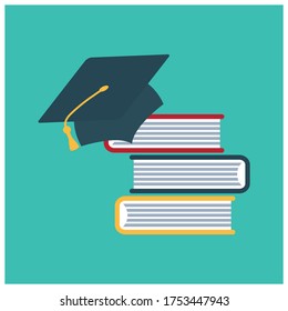 Graduation cap and books  flat vector sign education icon