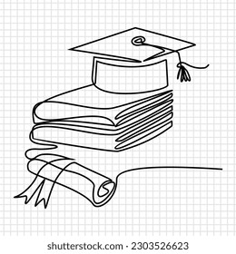 graduation cap and books, Hand drawing single one line 