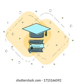 Graduation cap and books linear icon. Study concept. Creative flat design vector.