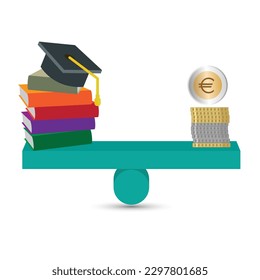 Graduation cap, books and money on a balanced see saw