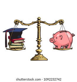 
Graduation cap, books and piggy bank on old golden scales. Price of education concept. Symbols of knowledge and money on scales. Hand drawn sketch vector illustration isolated on white background.