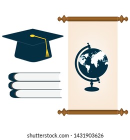 Graduation cap, books, scroll, globe - isolated on white background, flat style - vector. Academic and school knowledge, education and graduation