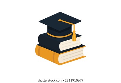 Graduation Cap and Books Solid Icon Featuring Education, Learning, Academic Achievement, University, Knowledge, and Student Success Vector Symbol