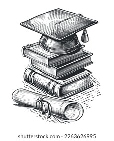 Graduation cap, books stack and diploma scroll. College, study concept. Sketch vintage vector illustration