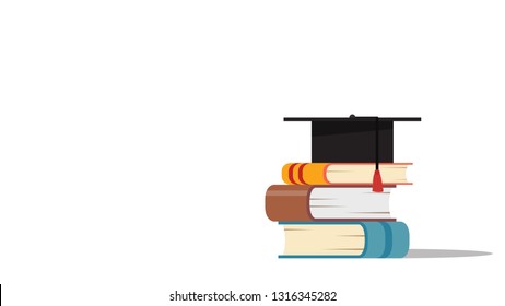 Graduation cap and books vector. free space for text. wallpaper. copy space.