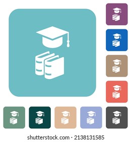 Graduation cap with books white flat icons on color rounded square backgrounds