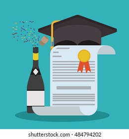Graduation cap bottle and diploma icon. University school and education theme. Blue background design. Vector illustration
