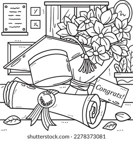 Graduation Cap, Bouquet and Diploma Coloring Page