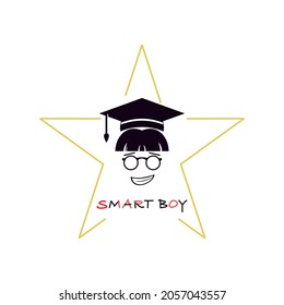 graduation cap and boy illustration in star frame. education logo icon.logo template vector design