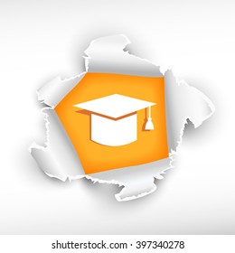 Graduation cap and breakthrough paper hole with ragged edges with a space for your message.