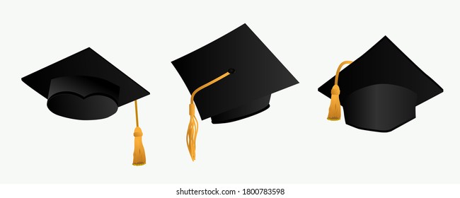 Graduation cap with a brush in three versions, vector illustration in a flat style on a white background