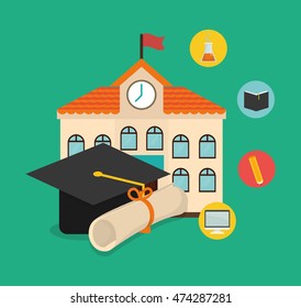 graduation cap building diploma back to shool education  icon set. Colorful and flat design. Vector illustration