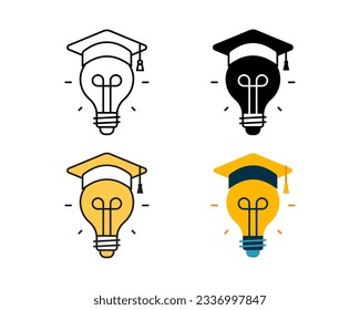 graduation cap and bulb icon vector design in 4 style line, glyph, duotone, and flat