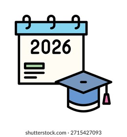 Graduation Cap Calendar 2026 Vector Illustration Filled Style Icon
