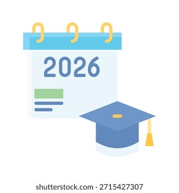 Calendario de la tapa de la graduación 2026 Icono de estilo plano de Ilustración vectorial
