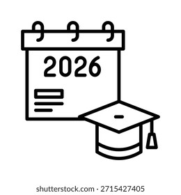 Graduierung Cap Kalender 2026 Vektor Illustration Linie Stil Symbol