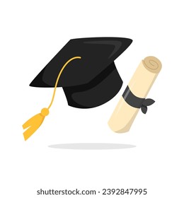 Graduation Cap and Certificate Cartoon Illustration Isolated on White Background. Flat Vector. Good used for Logo, Icon, Stickers, and etc. - EPS 10 Vector