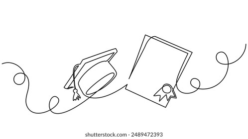 Graduation cap and certificate. Education concept. Continuous one line drawing. Graphic vector illustration Corner frame