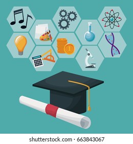 graduation cap and certificate with gray color geometric abstract figures icons academic knowledge