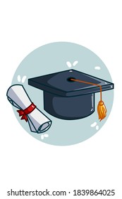 A graduation cap and certificate illustration