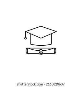 Graduation cap and certificate line icon design isolated on white background