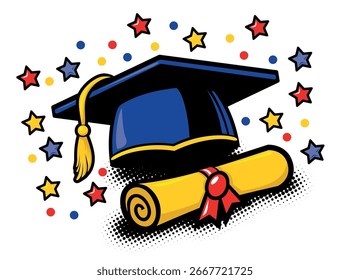 Graduation cap and certificate scroll on festive background. Vector art