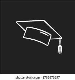 Graduation cap chalk white icon on black background. College mortarboard. University graduate. Student hat. Knowledge and wisdom. Bachelor diploma. Isolated vector chalkboard illustration