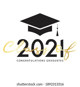 Graduation cap Class of 2021 handwriting logo simple . 2020 Gold color Template ,Isolated on white background ,Vector illustration EPS 10
