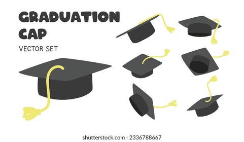 Graduation cap clipart vector set. Set of graduation caps with different angles flat vector illustration cartoon style clip art hand drawn. Students, graduation celebration caps throwing up concept