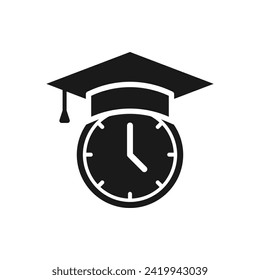 Graduation cap with clock. School time icon flat style isolated on white background. Vector illustration