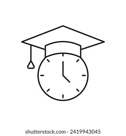 Graduation cap with clock. School time icon line style isolated on white background. Vector illustration
