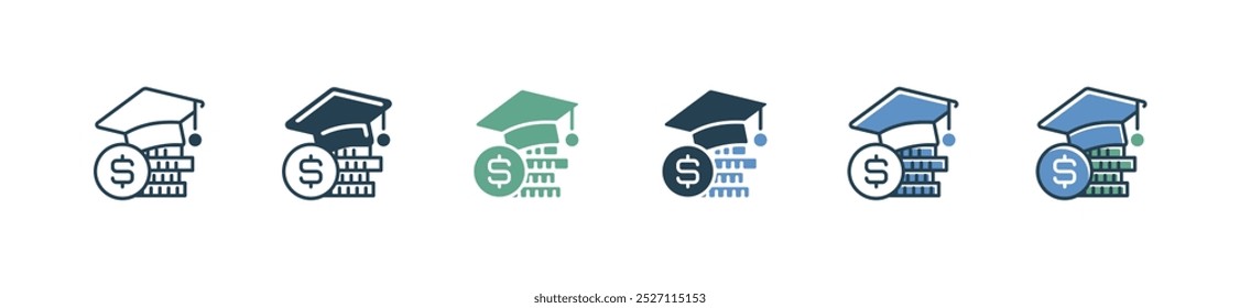 Graduierungskappe mit Münzstapel-Symbol-Set Universitätskosten Stipendium Studie finanzielle Vektorgrafik