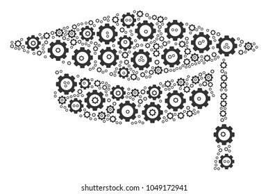Graduation Cap collage of cog wheels. Vector gear items are grouped into graduation cap composition.