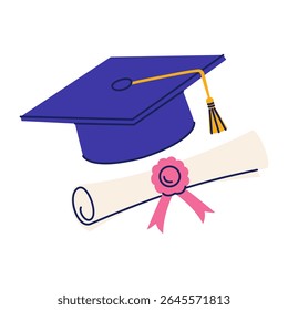 Graduation Cap for a College, High School or University Student. Square Hat with Tassel and Diploma Scroll. Flat Education Symbol. Vector Illustration Isolated on White Background