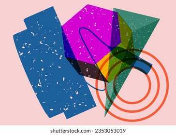 Graduation cap with colorful geometric shapes. Education concept in trendy riso graph design. Geometry elements abstract risograph print texture style.