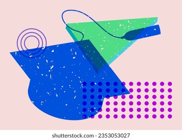 Graduation cap with colorful geometric shapes. Education concept in trendy riso graph design. Geometry elements abstract risograph print texture style.