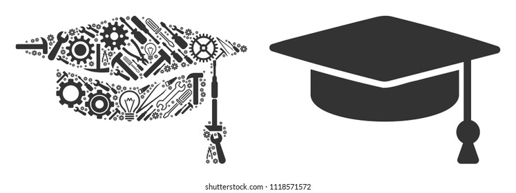 Graduation cap composition of service tools. Vector graduation cap icon is created of gears, wrenches and other mechanics items. Concept of industrial service.