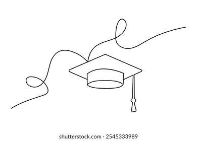 Graduation cap continuous one line drawing of Isolated outline vector design black and white background 