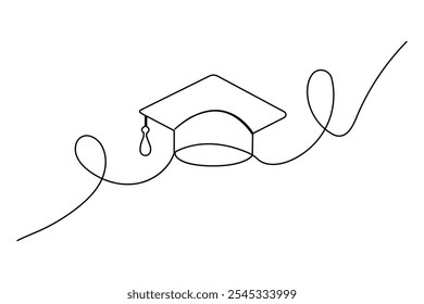Graduation cap continuous one line drawing of Isolated outline vector design black and white background 