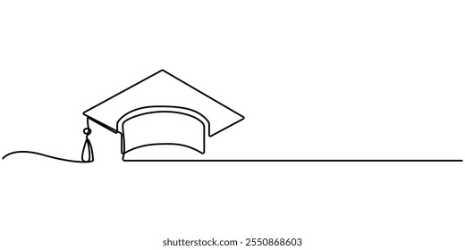  Graduation cap continuous one line drawing of outline education vector icon, Continuous cap one line art drawing of graduation hat concept outline vector, Graduation Single Line Icon, one line drawin