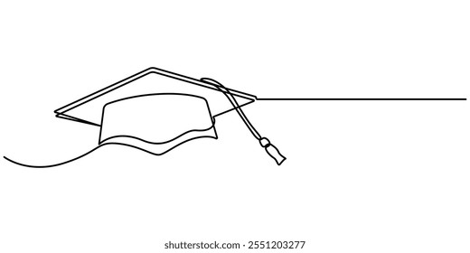 Boné de graduação contínua um desenho de linha de contorno ícone do vetor da educação, Capa contínua um desenho de arte de linha de graduação que conceito esboço vetor, Formatura ícone de linha única, um desenho de linha