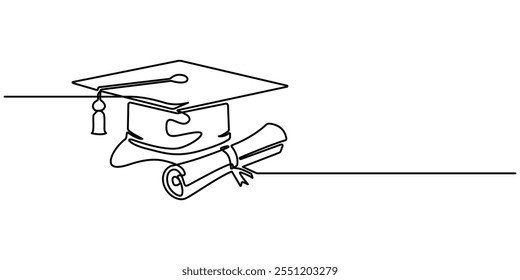 Boné de graduação contínua um desenho de linha de contorno ícone do vetor da educação, Capa contínua um desenho de arte de linha de graduação que conceito esboço vetor, Formatura ícone de linha única, um desenho de linha