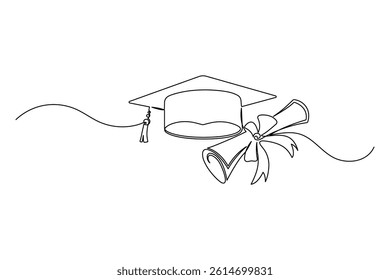 Graduation cap continuous one line drawing, Single line drawing, Linear style, isolated on a white background
