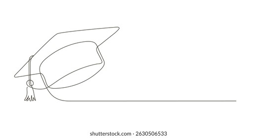 Graduation cap continuous one line drawing. Festive graduation from university. Vector isolated illustration with copy space