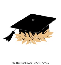 Graduation cap decorated with doodle laurel wreath. Mortarboard, high education and graduation symbol. Vector isolated illustration