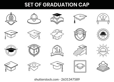 Graduation cap designs set of vector Line art graduation hats